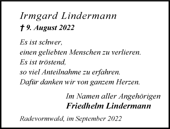 Traueranzeige von Irmgard Lindermann von Rheinische Post