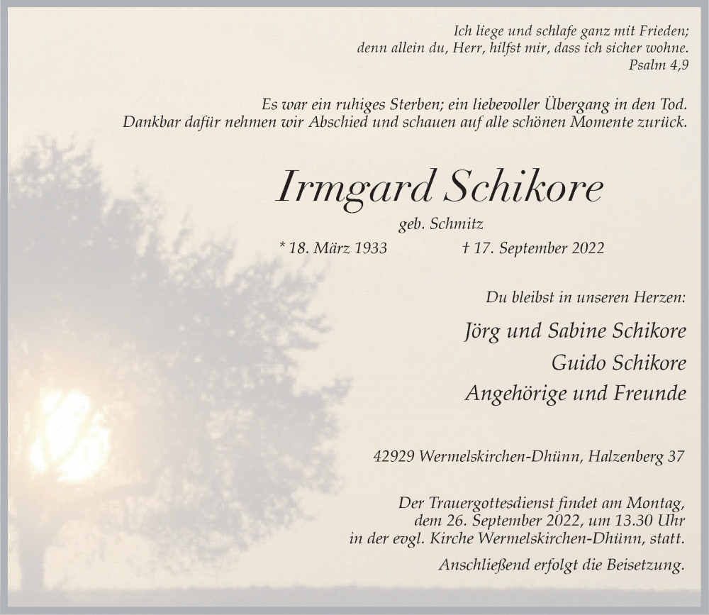  Traueranzeige für Irmgard Schikore vom 21.09.2022 aus Rheinische Post