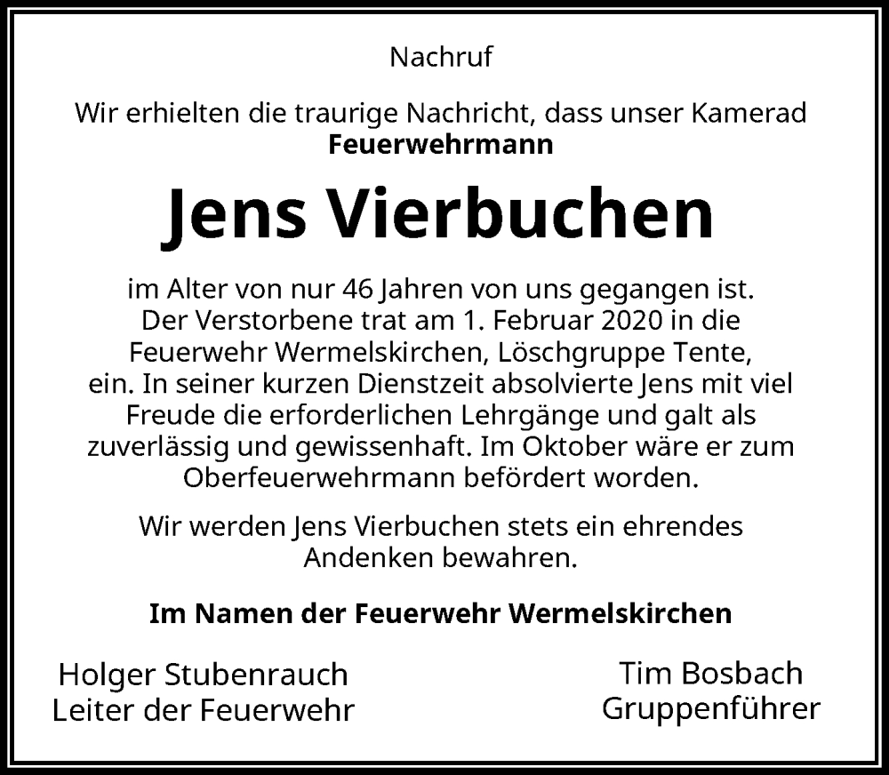  Traueranzeige für Jens Vierbuchen vom 28.09.2022 aus Rheinische Post