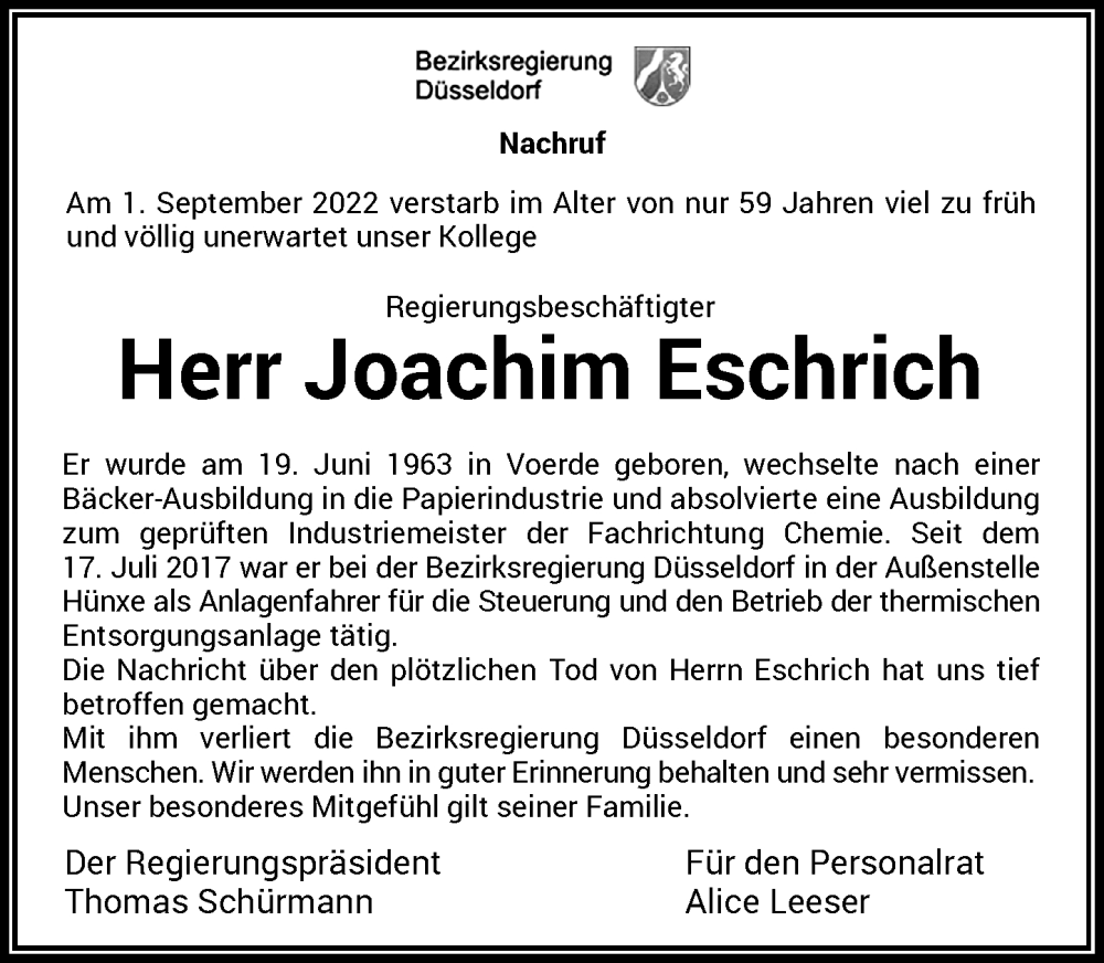  Traueranzeige für Joachim Eschrich vom 20.09.2022 aus Rheinische Post