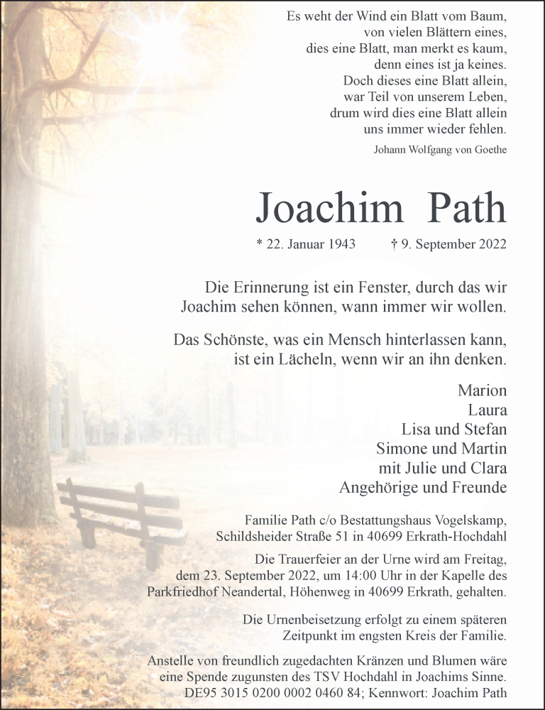  Traueranzeige für Joachim Path vom 17.09.2022 aus Rheinische Post