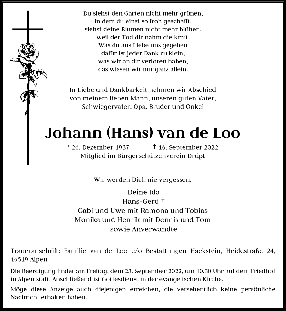  Traueranzeige für Johann van de Loo vom 21.09.2022 aus Rheinische Post