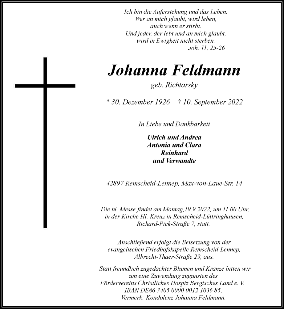 Traueranzeige für Johanna Feldmann vom 15.09.2022 aus Rheinische Post