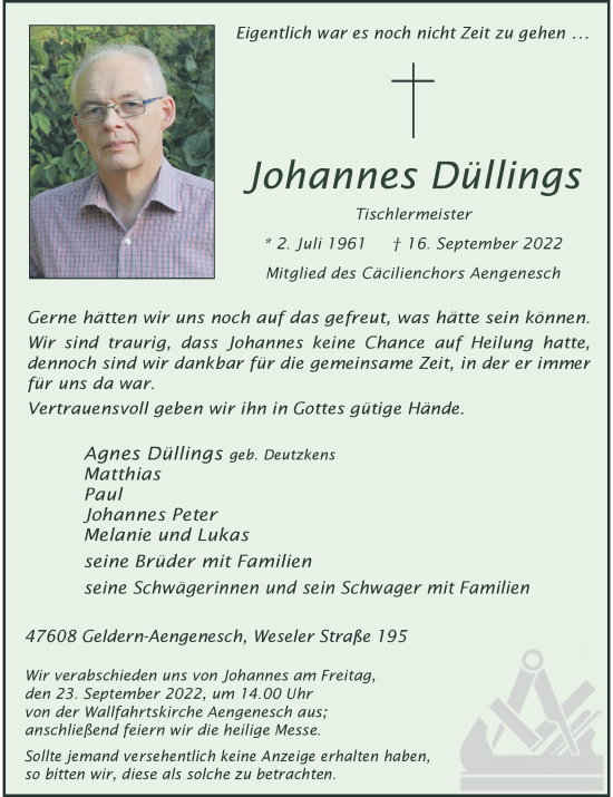 Traueranzeige von Johannes Düllings von Rheinische Post