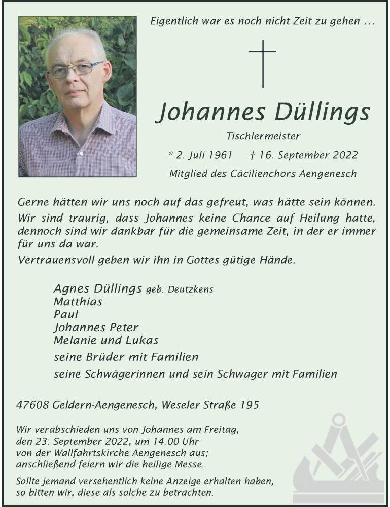  Traueranzeige für Johannes Düllings vom 20.09.2022 aus Rheinische Post