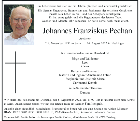 Traueranzeige von Johannes Franziskus Pechan von Rheinische Post