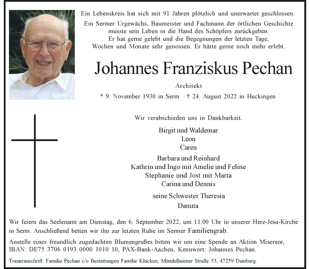  Traueranzeige für Johannes Franziskus Pechan vom 03.09.2022 aus Rheinische Post