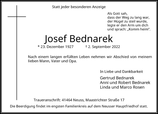 Traueranzeige von Josef Bednarek von Rheinische Post