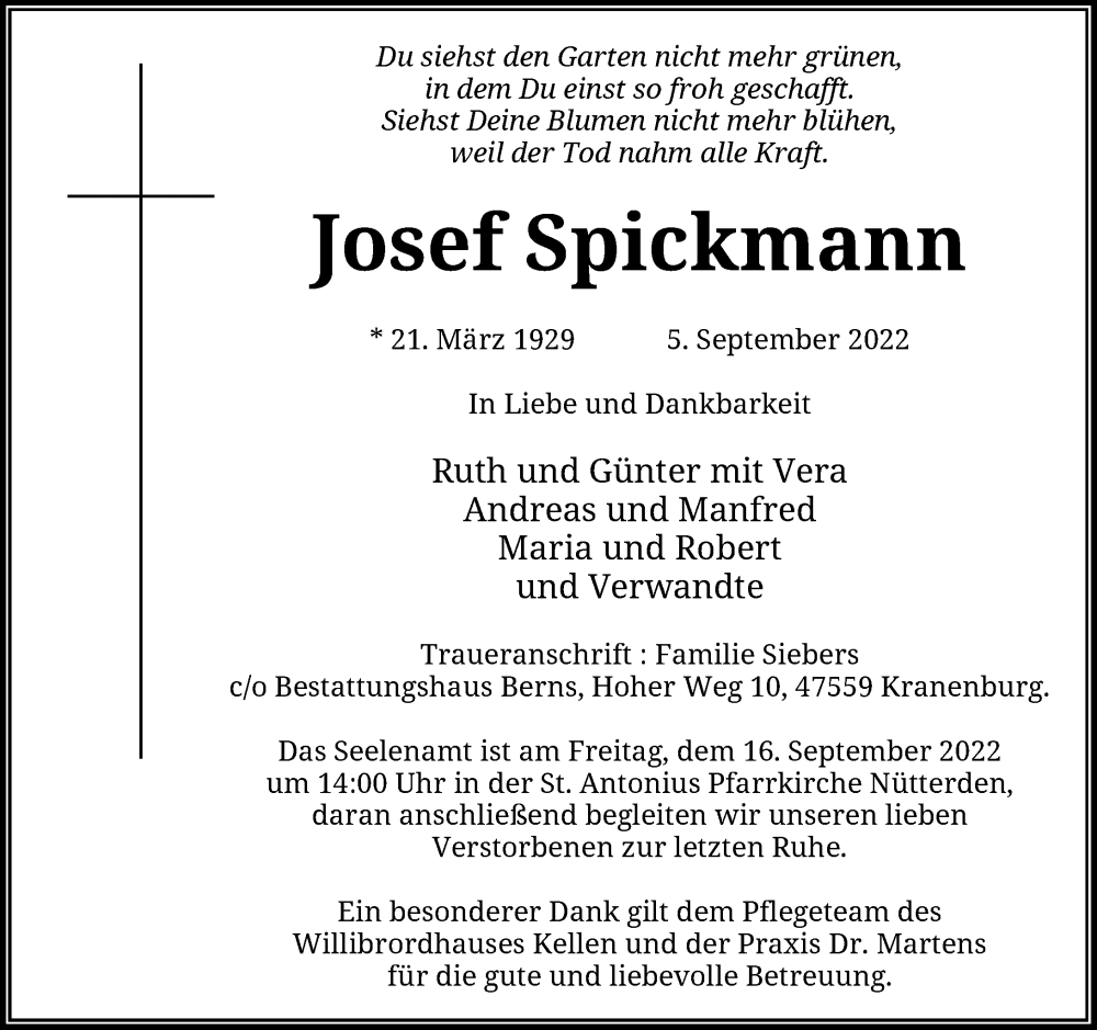  Traueranzeige für Josef Spickmann vom 10.09.2022 aus Rheinische Post