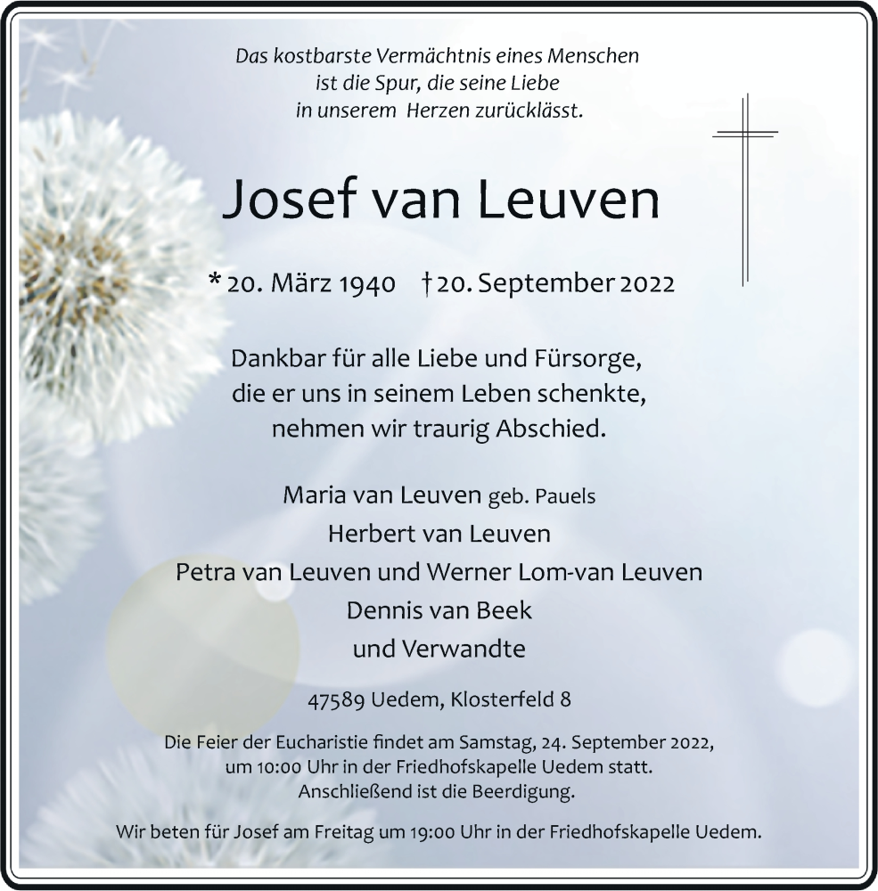  Traueranzeige für Josef van Leuven vom 22.09.2022 aus Rheinische Post