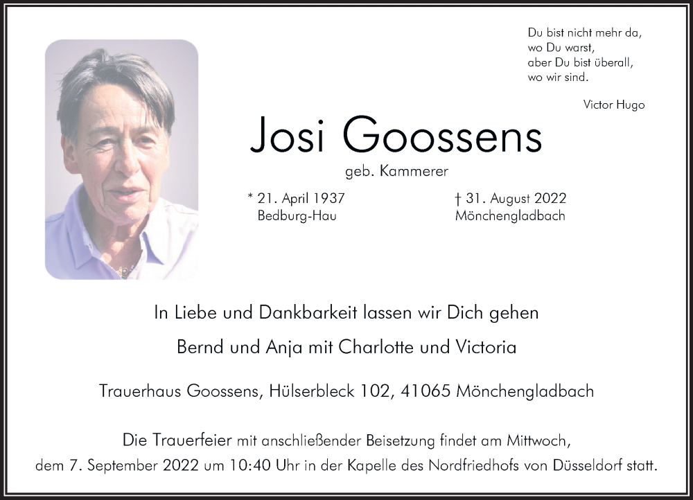  Traueranzeige für Josi Goossens vom 03.09.2022 aus Rheinische Post