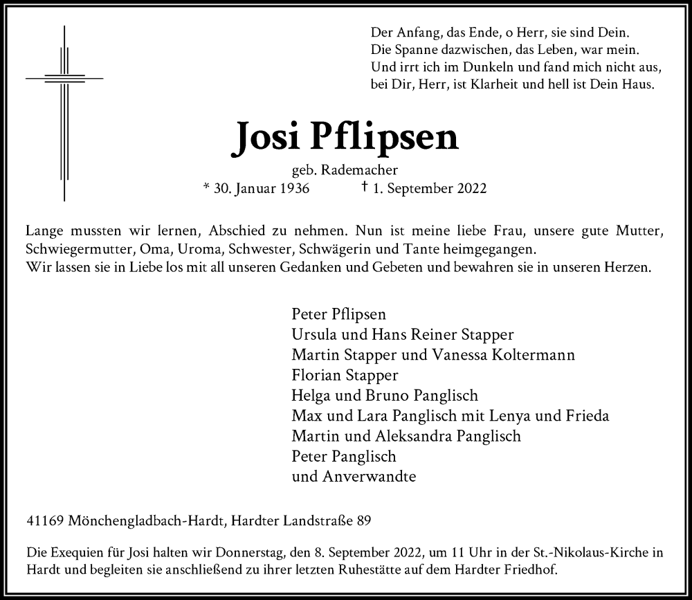  Traueranzeige für Josi Pflipsen vom 06.09.2022 aus Rheinische Post