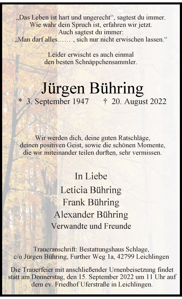  Traueranzeige für Jürgen Bühring vom 10.09.2022 aus Rheinische Post