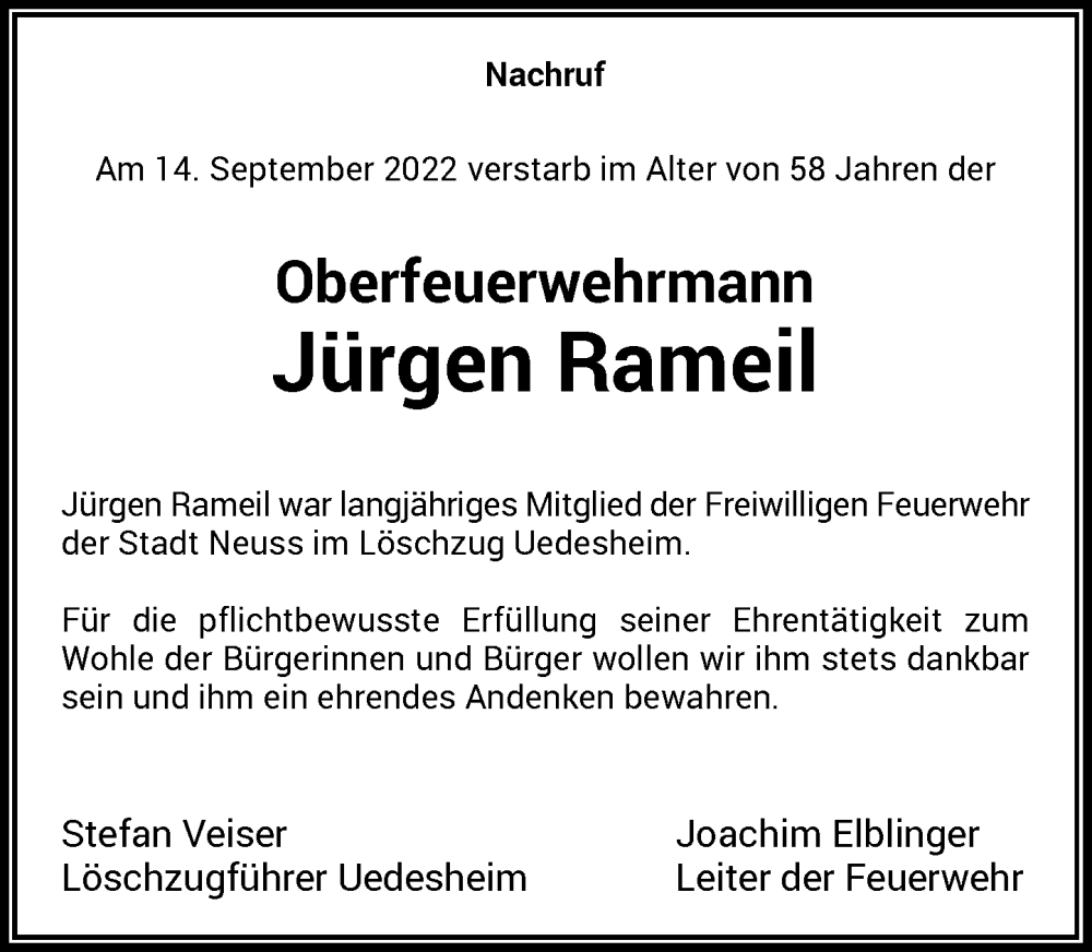  Traueranzeige für Jürgen Rameil vom 23.09.2022 aus Rheinische Post
