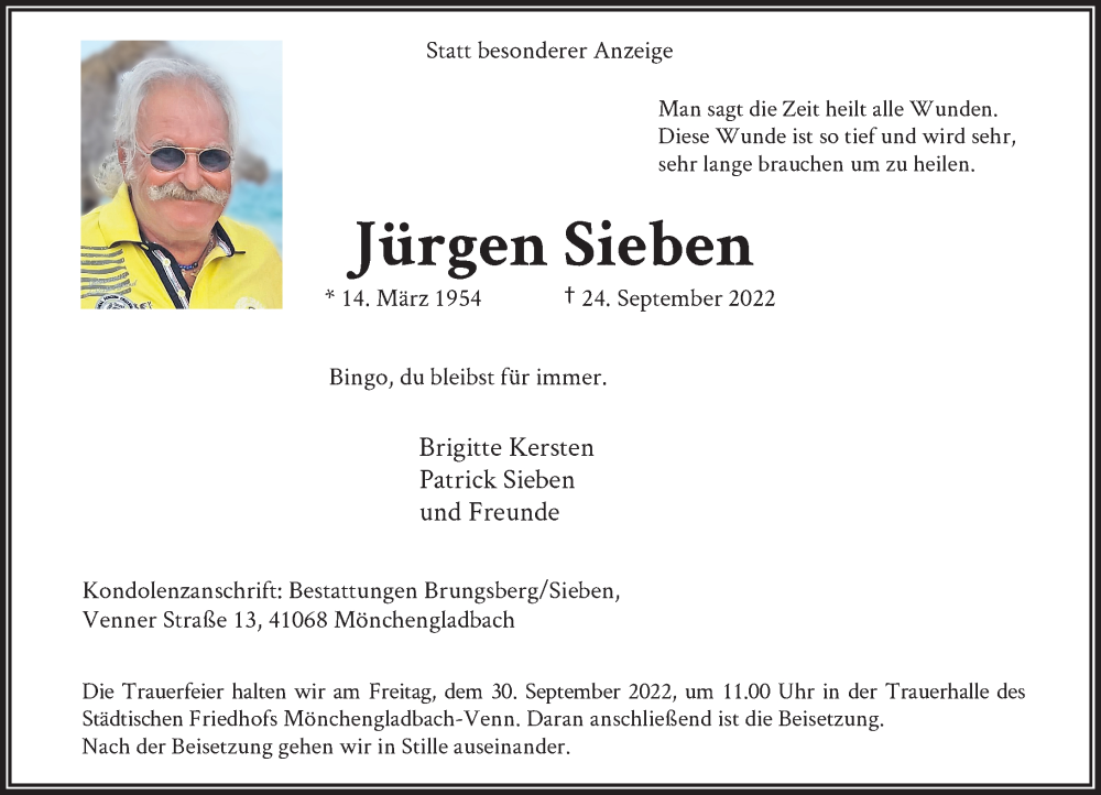  Traueranzeige für Jürgen Sieben vom 28.09.2022 aus Rheinische Post