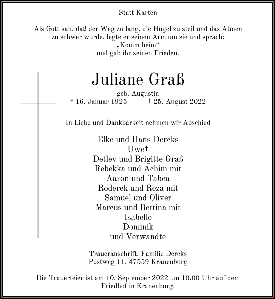  Traueranzeige für Juliane Graß vom 03.09.2022 aus Rheinische Post