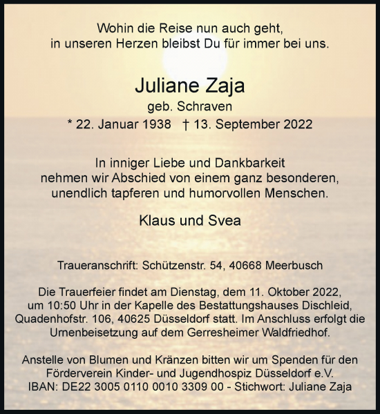 Traueranzeige von Juliane Zaja von Rheinische Post