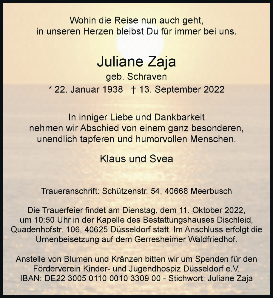  Traueranzeige für Juliane Zaja vom 24.09.2022 aus Rheinische Post