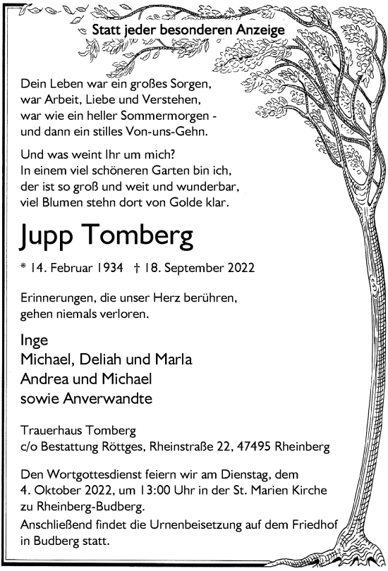 Traueranzeige von Jupp Tomberg von Rheinische Post