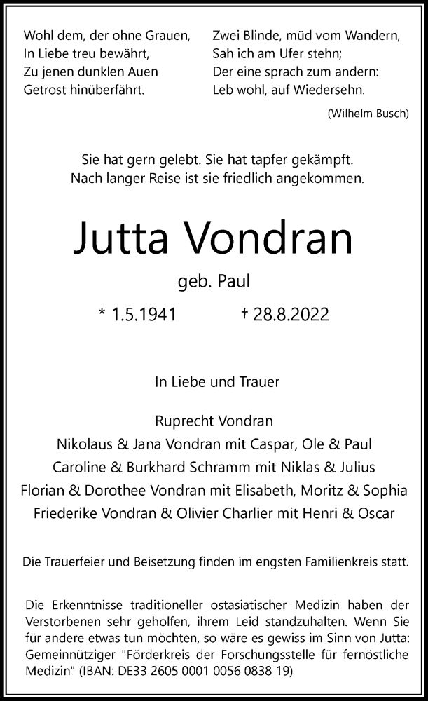  Traueranzeige für Jutta Vondran vom 03.09.2022 aus Rheinische Post