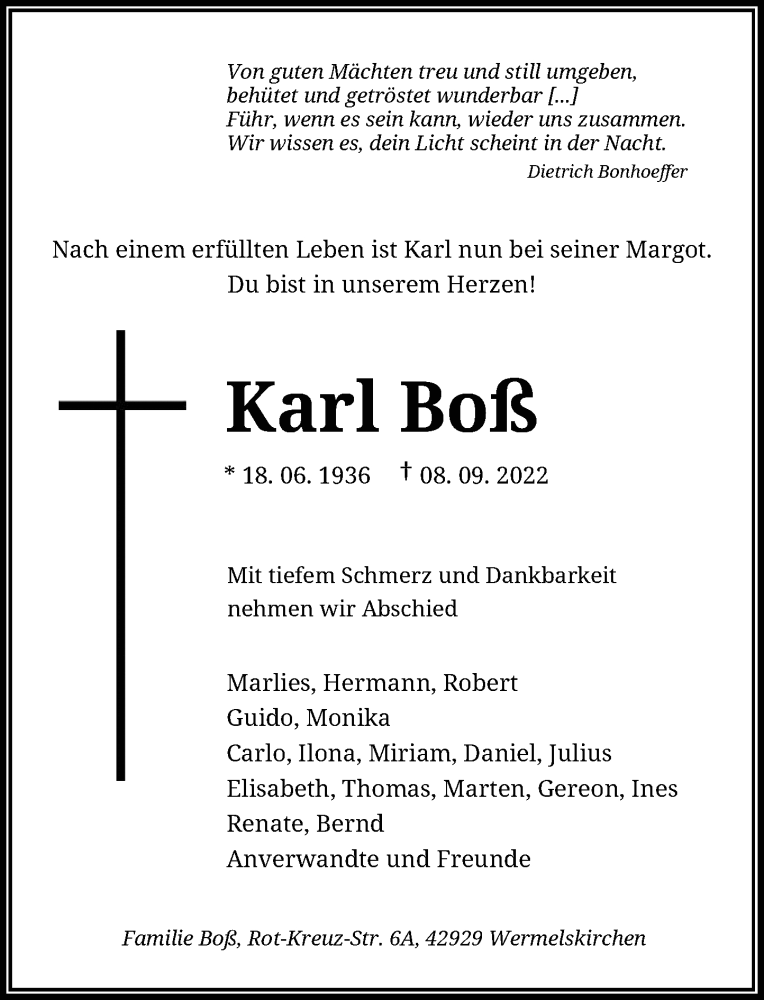  Traueranzeige für Karl Boß vom 17.09.2022 aus Rheinische Post