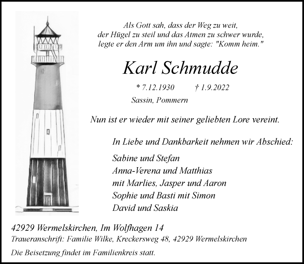 Traueranzeige für Karl Schmudde vom 10.09.2022 aus Rheinische Post