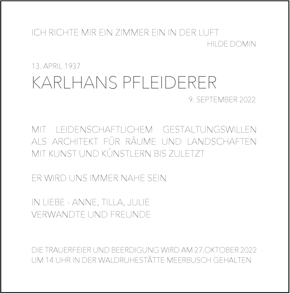  Traueranzeige für Karlhans Pfleiderer vom 17.09.2022 aus Rheinische Post