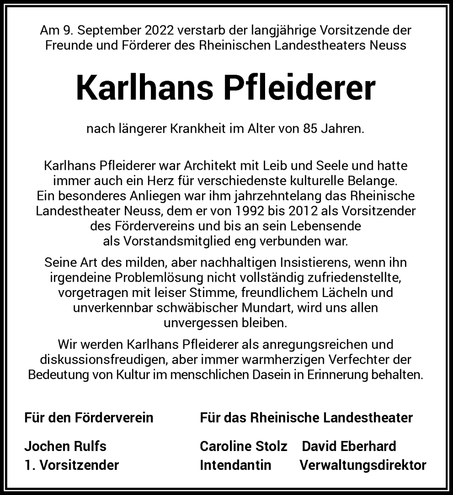 Traueranzeige für Karlhans Pfleiderer vom 01.10.2022 aus Rheinische Post