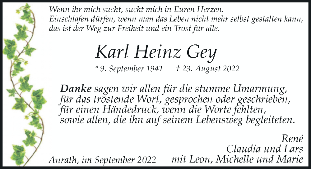  Traueranzeige für Karl Heinz Gey vom 03.09.2022 aus Rheinische Post