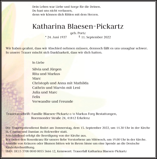 Traueranzeige von Katharina Blaesen-Pickartz von Rheinische Post