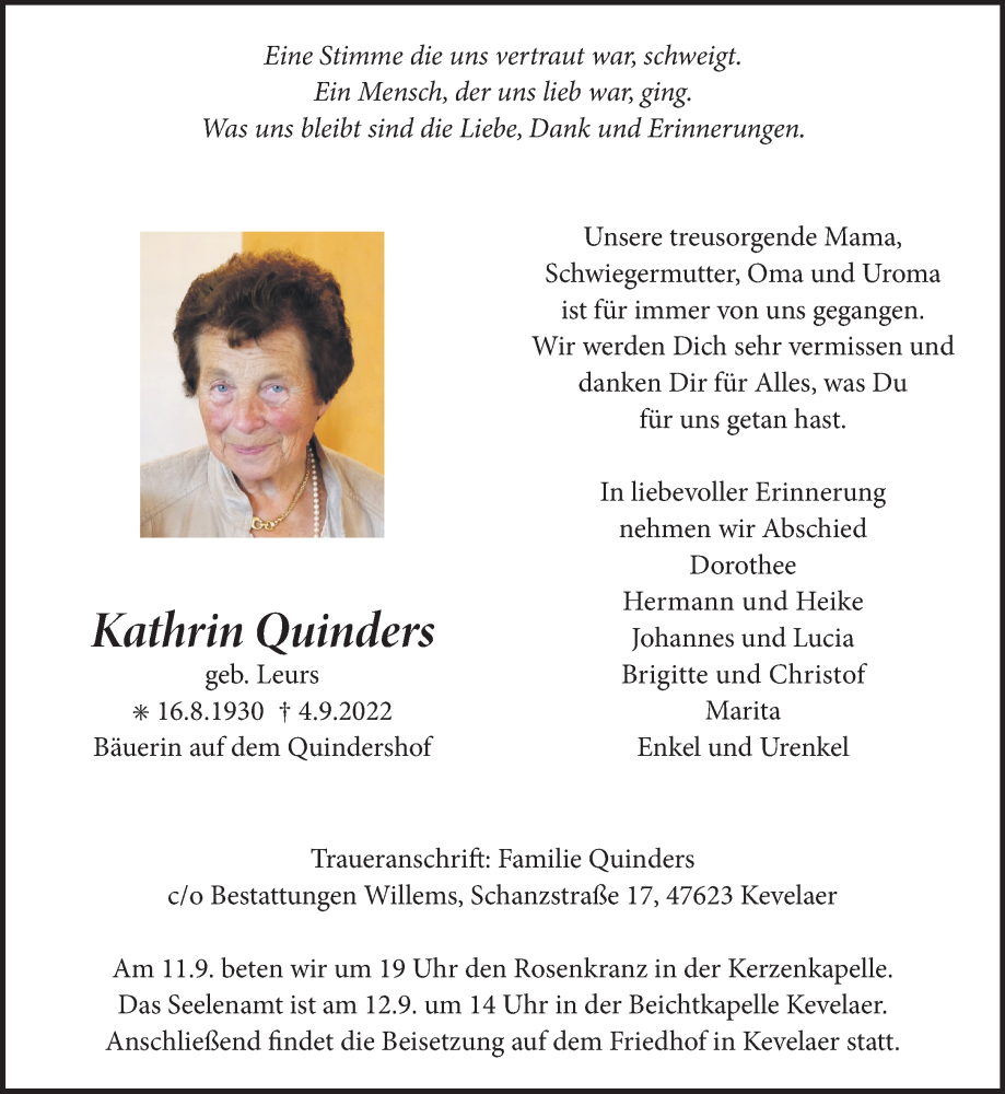  Traueranzeige für Kathrin Quinders vom 09.09.2022 aus Rheinische Post