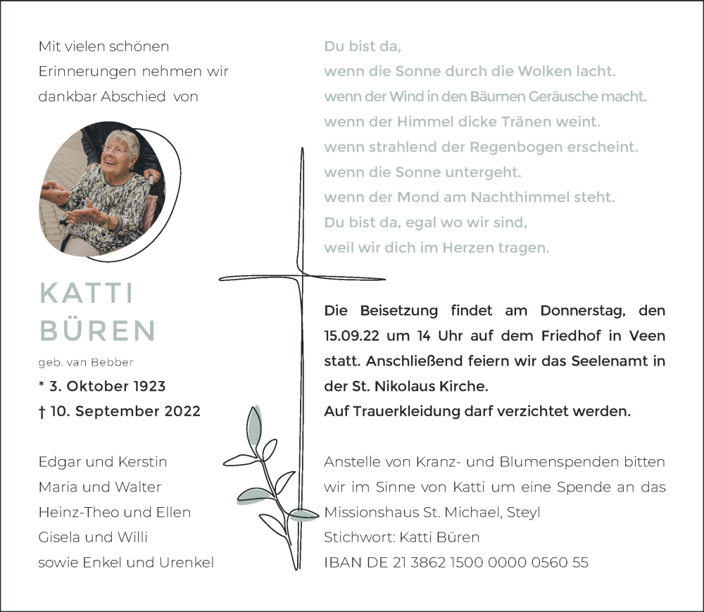  Traueranzeige für Katti Büren vom 13.09.2022 aus Rheinische Post