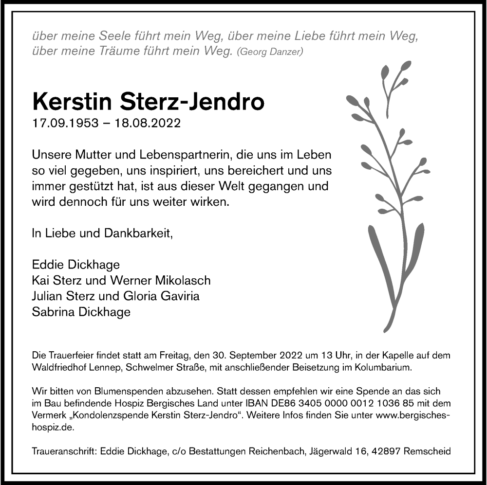  Traueranzeige für Kerstin Sterz-Jendro vom 03.09.2022 aus Rheinische Post
