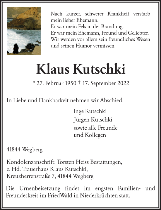Traueranzeige von Klaus Kutschki von Rheinische Post