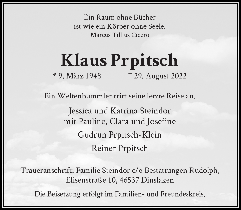  Traueranzeige für Klaus Prpitsch vom 03.09.2022 aus Rheinische Post