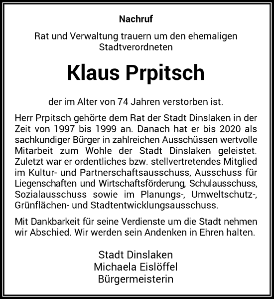 Traueranzeige von Klaus Prpitsch von Rheinische Post