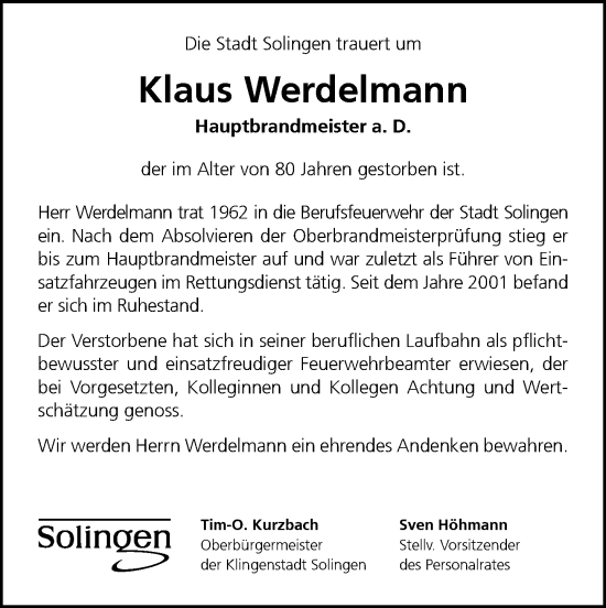 Traueranzeige von Klaus Werdelmann von Rheinische Post