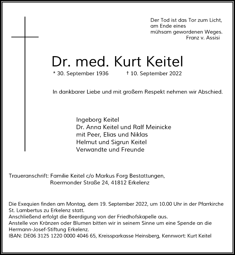  Traueranzeige für Kurt Keitel vom 14.09.2022 aus Rheinische Post