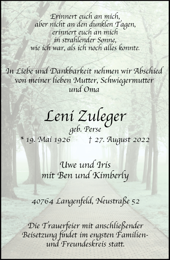  Traueranzeige für Leni Zuleger vom 03.09.2022 aus Rheinische Post