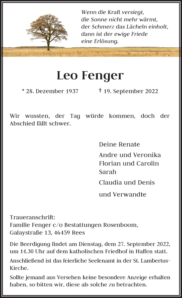  Traueranzeige für Leo Fenger vom 22.09.2022 aus Rheinische Post