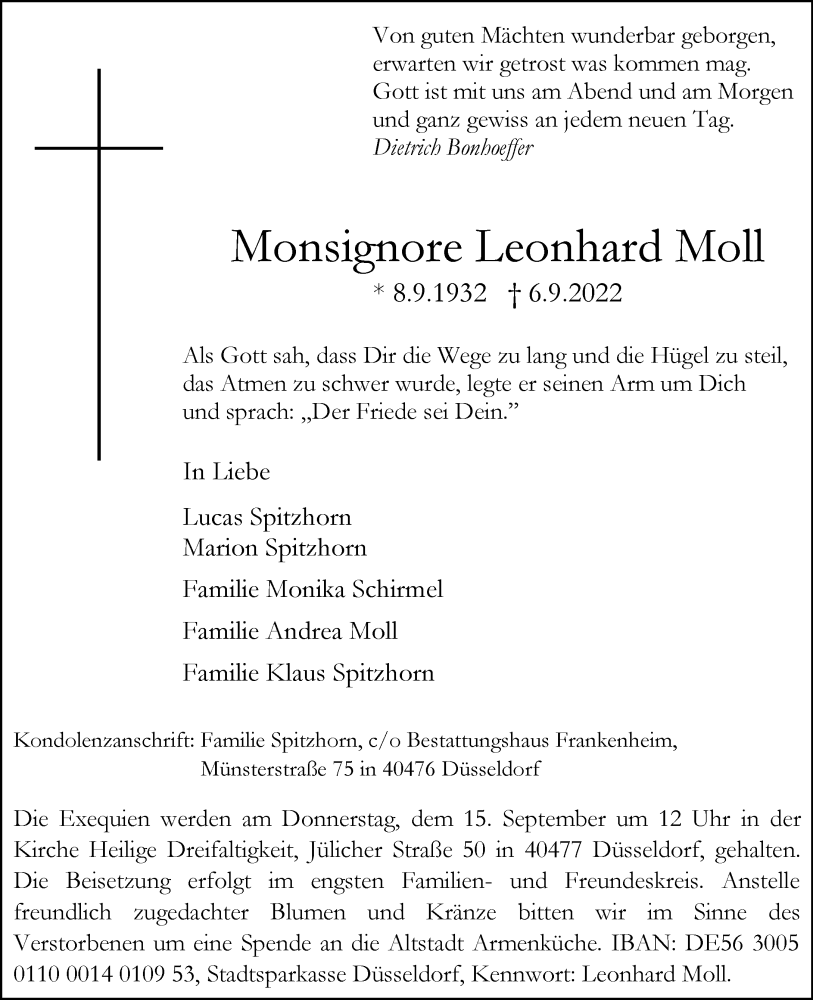  Traueranzeige für Leonhard Moll vom 10.09.2022 aus Rheinische Post