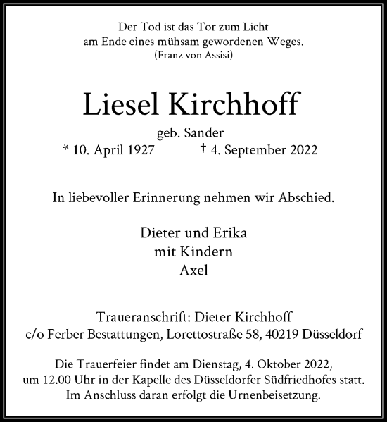 Traueranzeige von Liesel Kirchhoff von Rheinische Post