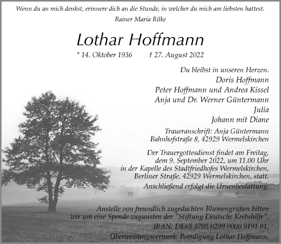 Traueranzeige von Lothar Hoffmann von Rheinische Post