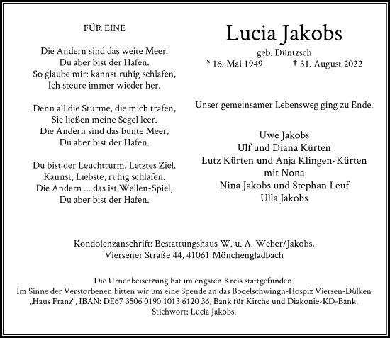 Traueranzeige von Lucia Jakobs von Rheinische Post