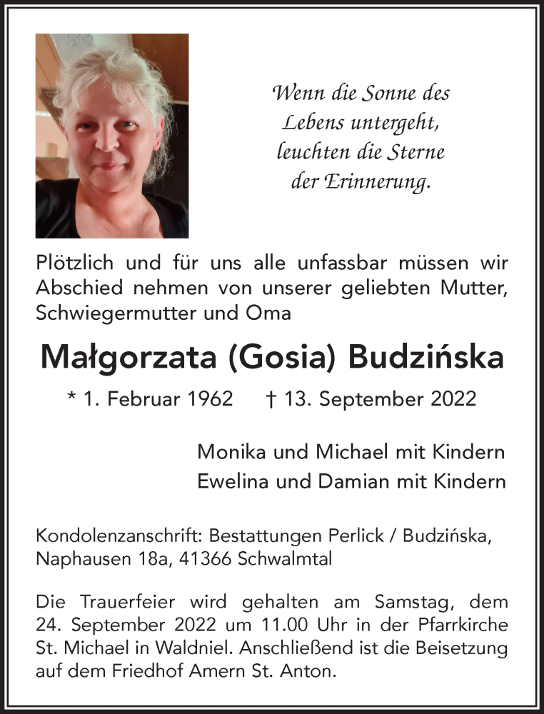  Traueranzeige für Malgorzata Budzinska vom 21.09.2022 aus Rheinische Post