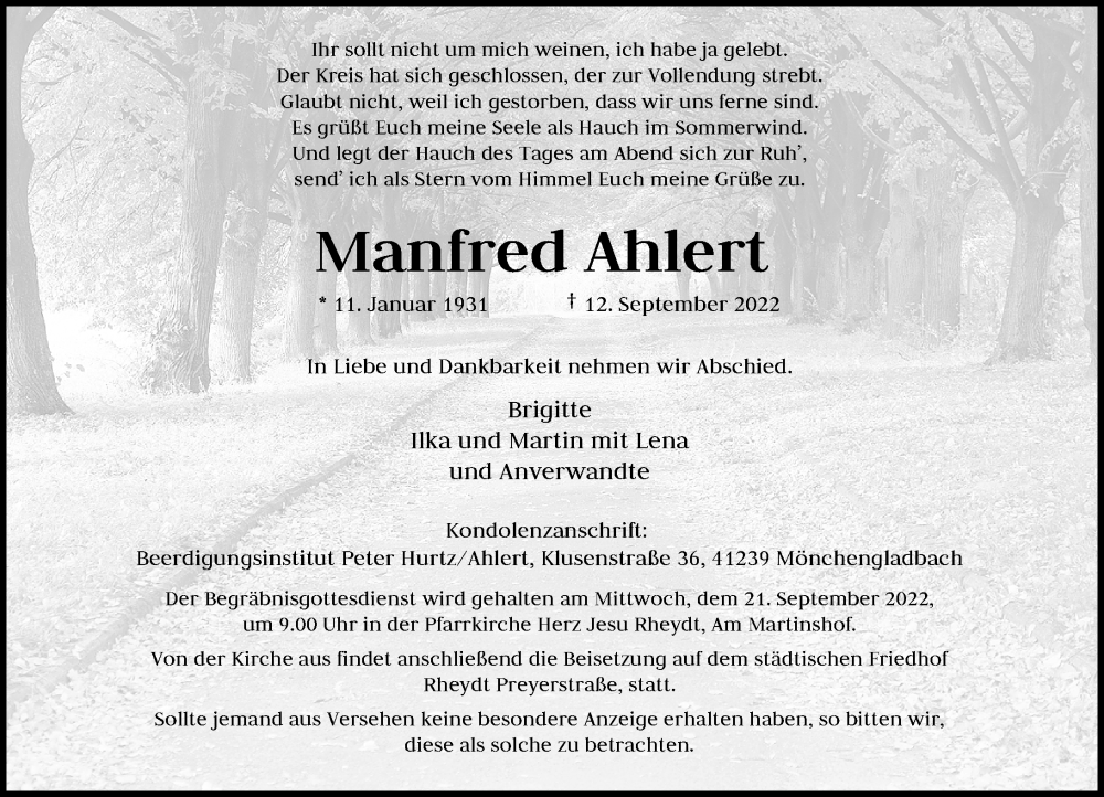  Traueranzeige für Manfred Ahlert vom 17.09.2022 aus Rheinische Post