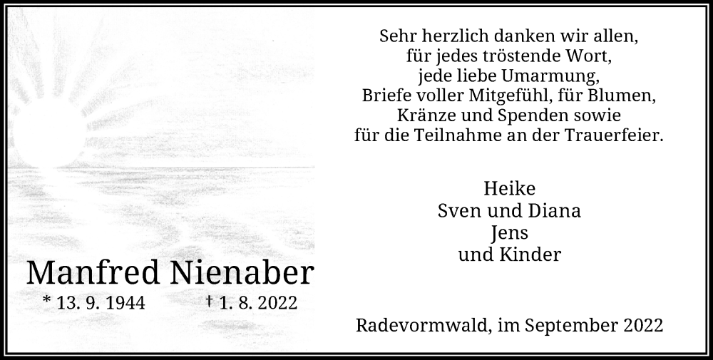  Traueranzeige für Manfred Nienaber vom 17.09.2022 aus Rheinische Post