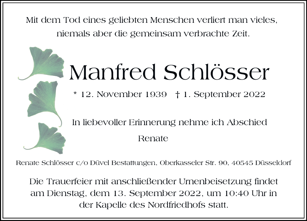  Traueranzeige für Manfred Schlösser vom 10.09.2022 aus Rheinische Post