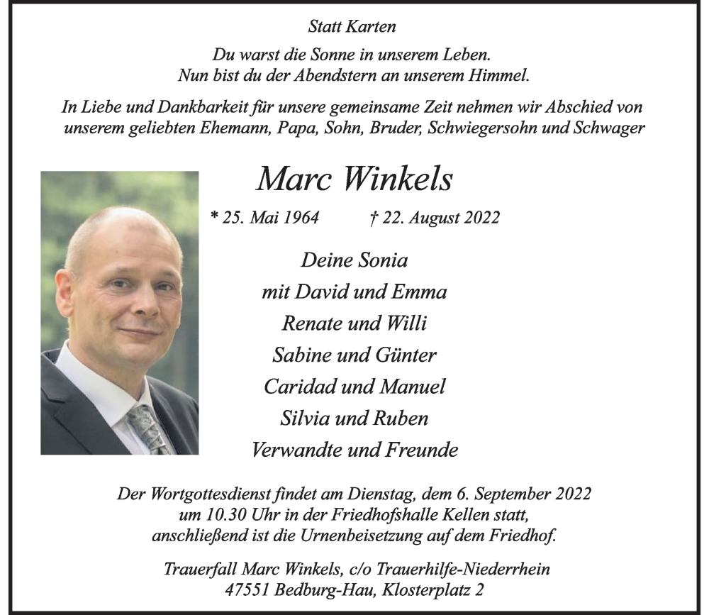  Traueranzeige für Marc Winkels vom 06.09.2022 aus Rheinische Post