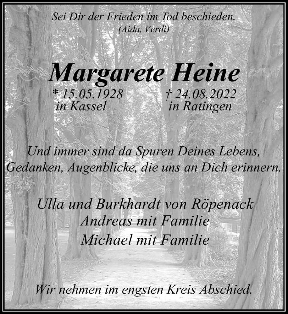  Traueranzeige für Margarete Heine vom 10.09.2022 aus Rheinische Post